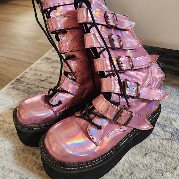 Demonia pink iridescent holographic platform combat boots size 10 - Picture 1 of 12